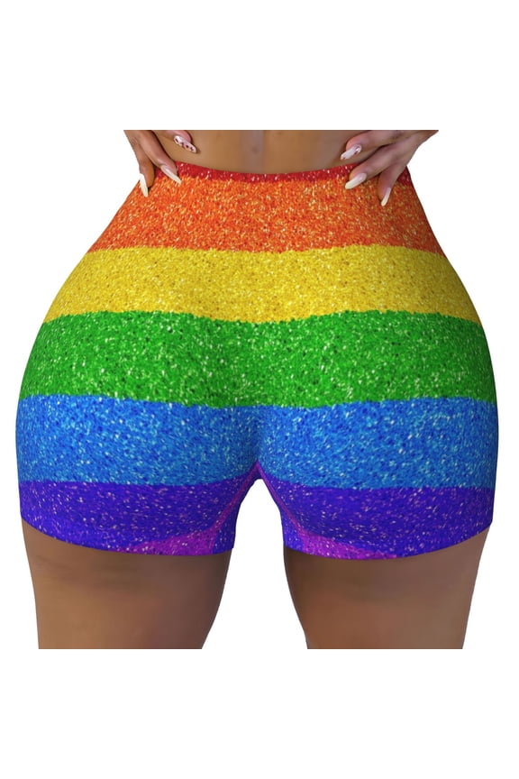 Seamless Workout Shorts Women - Colorful Glitter Rainbow Biker Gym Running Yoga Spandex Shorts for Women