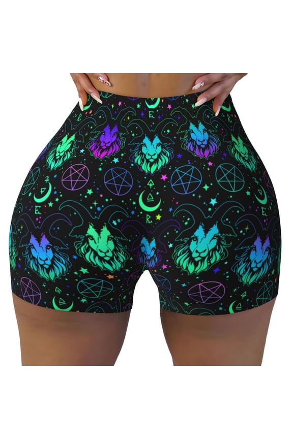 Seamless Workout Shorts Women - Colorful Gothic Cool Goat Head Biker Gym Running Yoga Spandex Shorts for Women