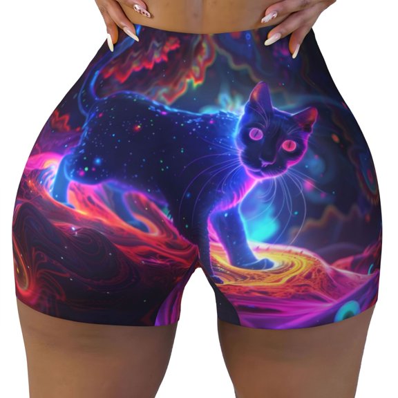 Seamless Workout Shorts Women - Cosmic Cat Psychedelic Journey Biker Gym Running Yoga Spandex Shorts for Women