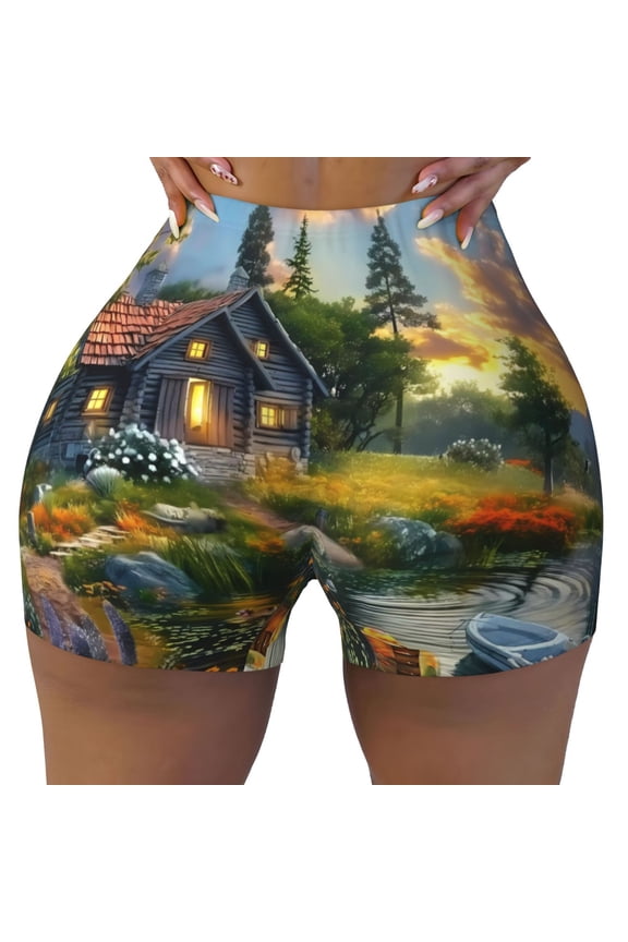 Seamless Workout Shorts Women - Cozy Cottage Lakeside Sunset Biker Gym Running Yoga Spandex Shorts for Women