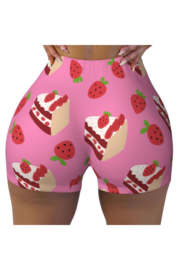 Seamless Workout Shorts Women - Cute Cake Strawberry Biker Gym Running Yoga Spandex Shorts for Women
