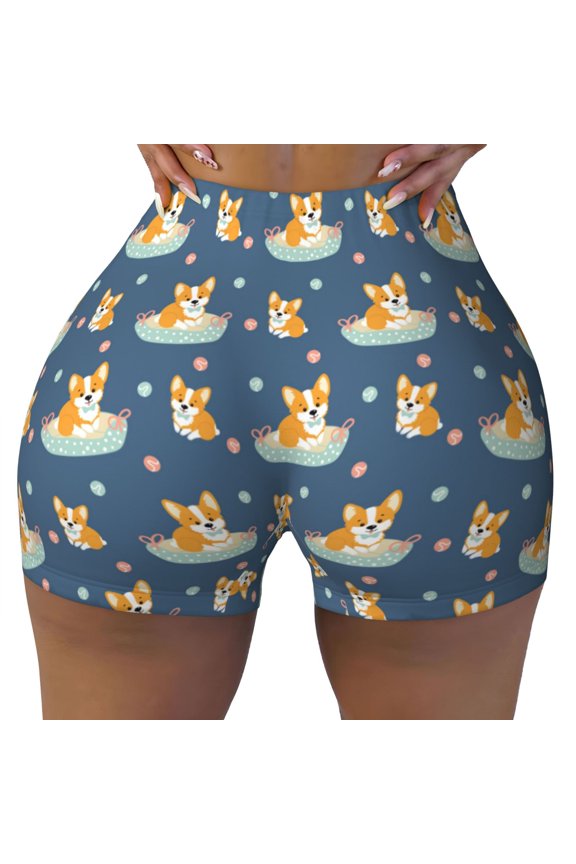 Seamless Workout Shorts Women - Cute Corgi Dog Softball Biker Gym Running Yoga Spandex Shorts for Women