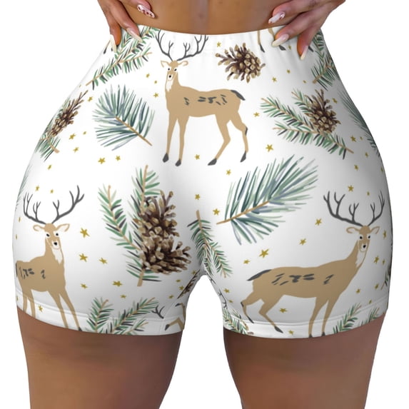Seamless Workout Shorts Women - Cute Deer Palm Leaf Pine Cone Biker Gym Running Yoga Spandex Shorts for Women
