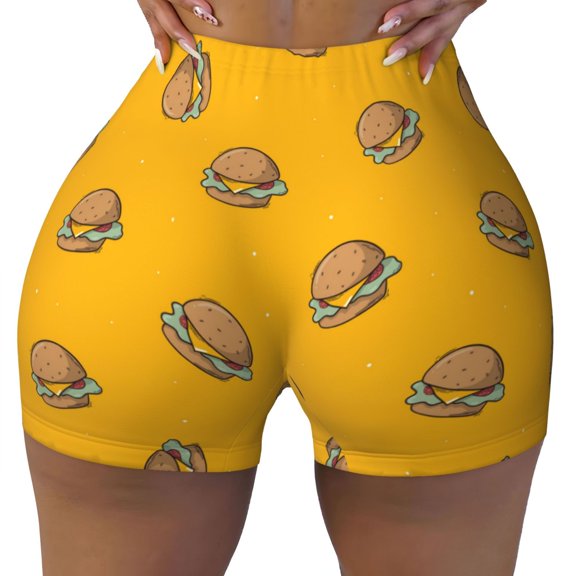 Seamless Workout Shorts Women - Cute Hamburger Starry Sky Yellow Biker Gym Running Yoga Spandex Shorts for Women
