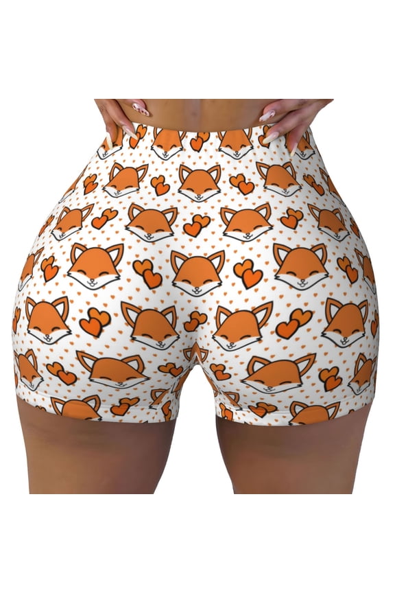 Seamless Workout Shorts Women - Cute Heart Fox Cartoon Biker Gym Running Yoga Spandex Shorts for Women