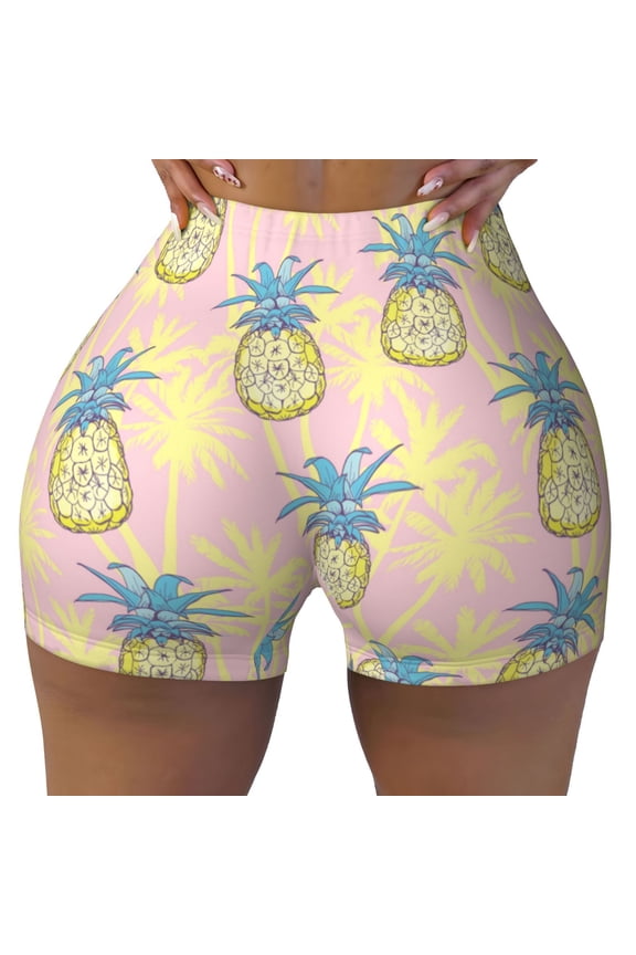 Seamless Workout Shorts Women - Cute Pineapple Coconut Palm Biker Gym Running Yoga Spandex Shorts for Women