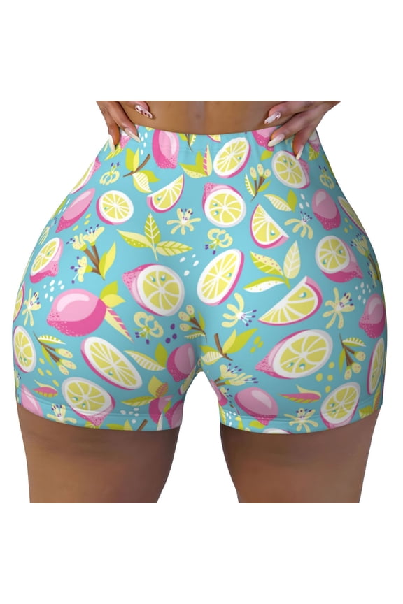 Seamless Workout Shorts Women - Cute Purple Lemon Leaves Biker Gym Running Yoga Spandex Shorts for Women