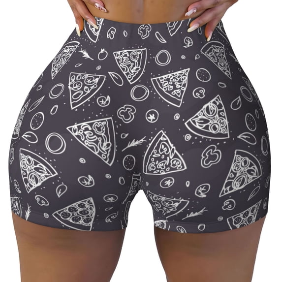 Seamless Workout Shorts Women - Cute Retro Pizza Biker Gym Running Yoga Spandex Shorts for Women