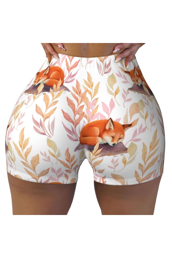 Seamless Workout Shorts Women - Cute Sleepy Fox Biker Gym Running Yoga Spandex Shorts for Women