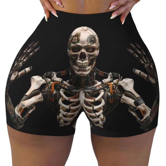 Seamless Workout Shorts Women - Cyber Skeleton With Tattoos Biker Gym Running Yoga Spandex Shorts for Women
