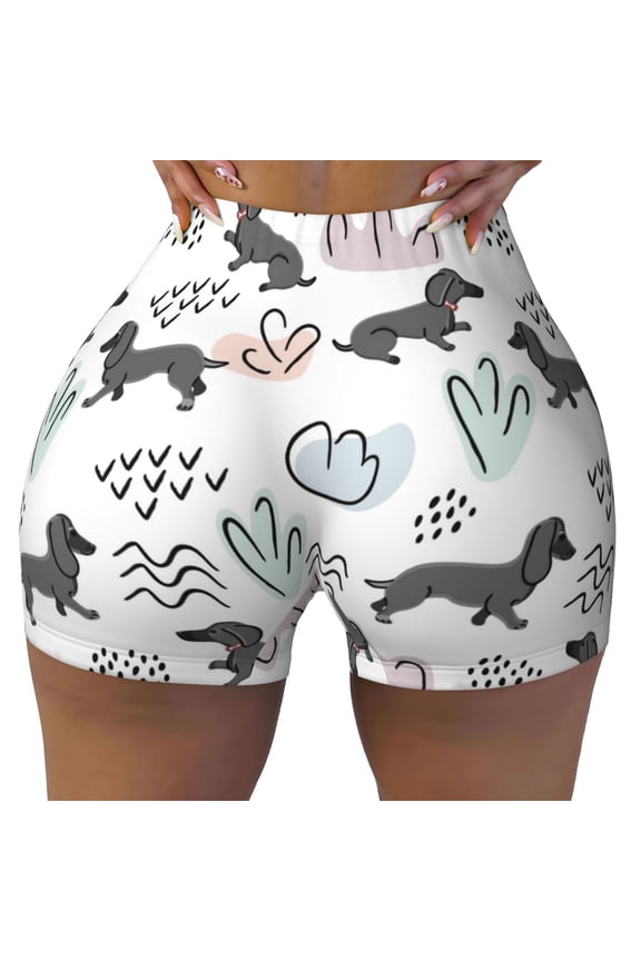 Seamless Workout Shorts Women - Dachshund Dog Puppy Wave Biker Gym Running Yoga Spandex Shorts for Women