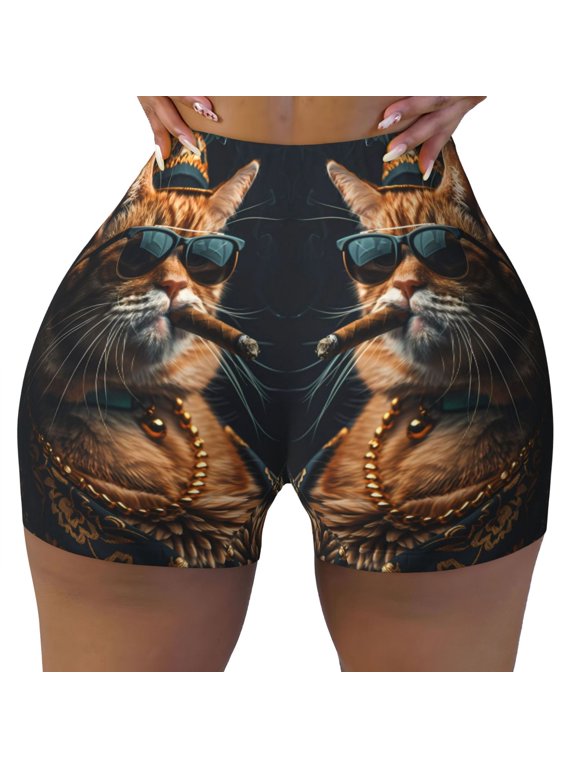 Seamless Workout Shorts Women - Dapper Cat in Sunglasses Biker Gym Running Yoga Spandex Shorts for Women