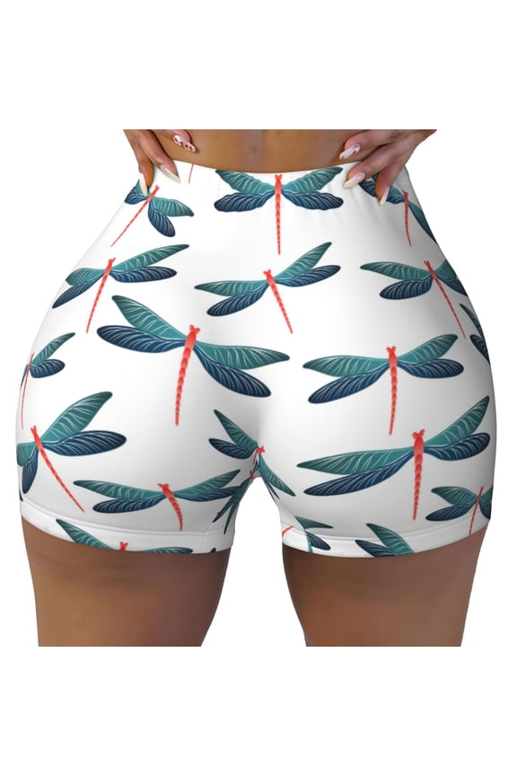 Seamless Workout Shorts Women - Dark Green Dragonfly Biker Gym Running Yoga Spandex Shorts for Women