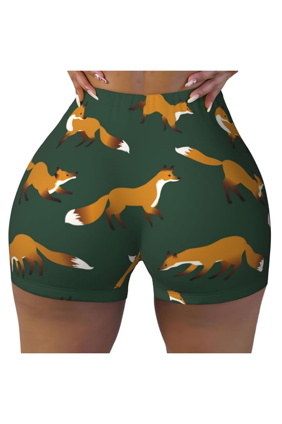 Seamless Workout Shorts Women - Dark Green Fox Print Biker Gym Running Yoga Spandex Shorts for Women