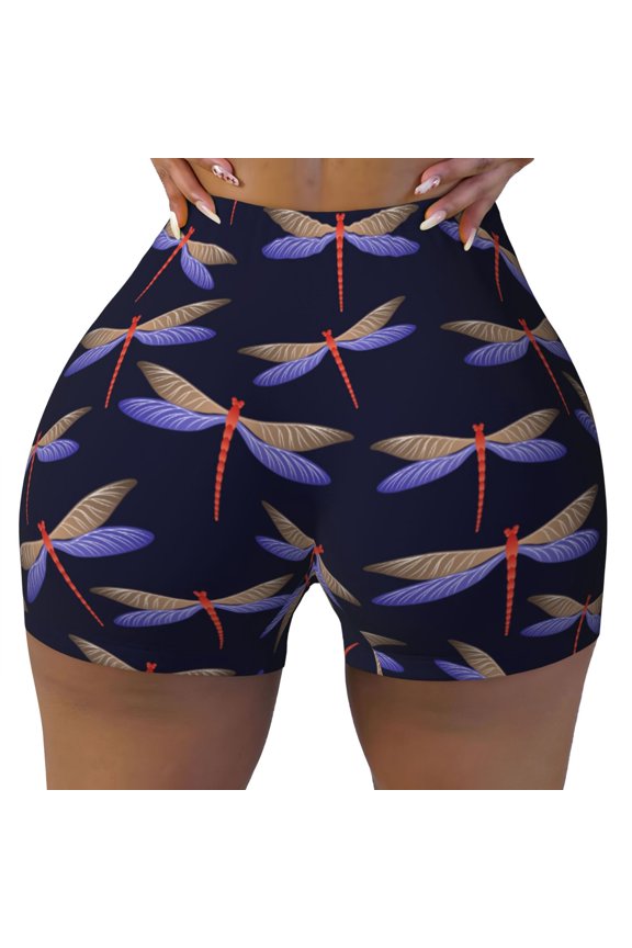 Seamless Workout Shorts Women - Dragonfly Black Biker Gym Running Yoga Spandex Shorts for Women