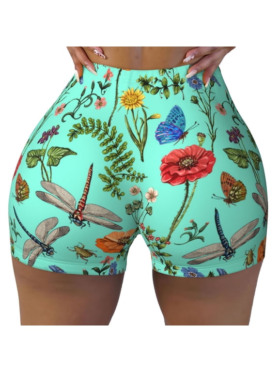 Seamless Workout Shorts Women - Dragonfly Butterfly Flower Biker Gym Running Yoga Spandex Shorts for Women
