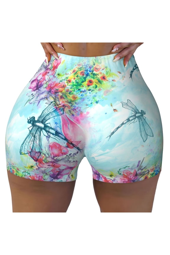 Seamless Workout Shorts Women - Dragonfly Floral Biker Gym Running Yoga Spandex Shorts for Women