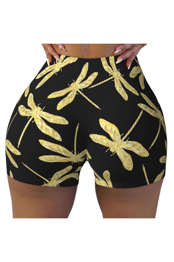 Seamless Workout Shorts Women - Dragonfly Gold Biker Gym Running Yoga Spandex Shorts for Women
