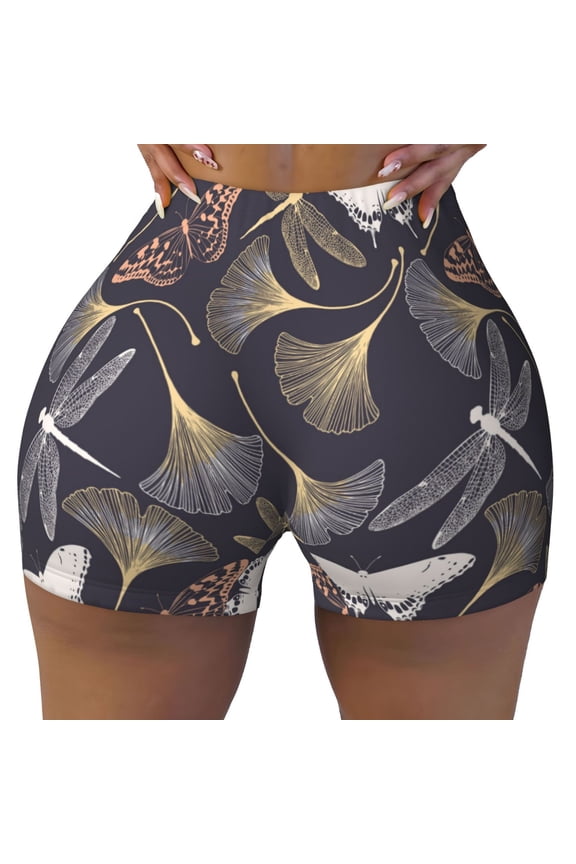 Seamless Workout Shorts Women - Dragonfly Leaf Butterfly Biker Gym Running Yoga Spandex Shorts for Women