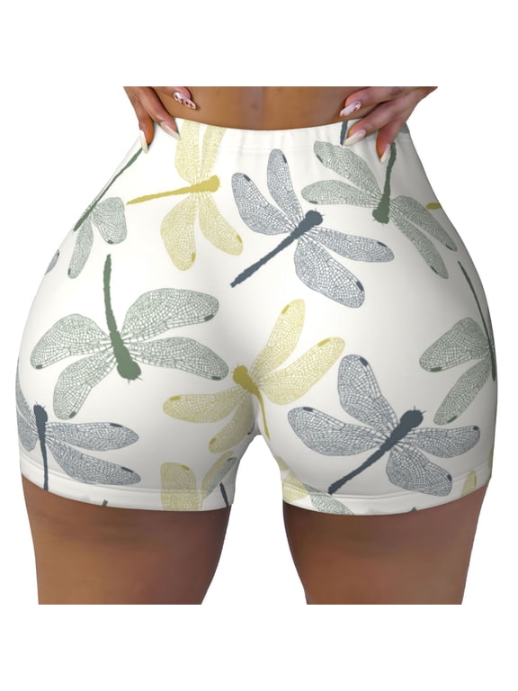 Seamless Workout Shorts Women - Dragonfly Pattern Biker Gym Running Yoga Spandex Shorts for Women