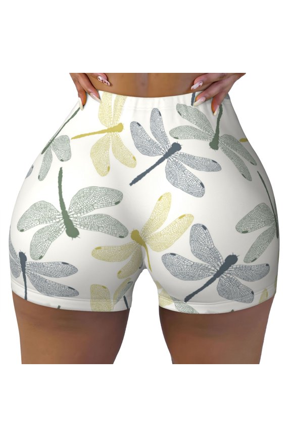 Seamless Workout Shorts Women - Dragonfly Pattern Biker Gym Running Yoga Spandex Shorts for Women