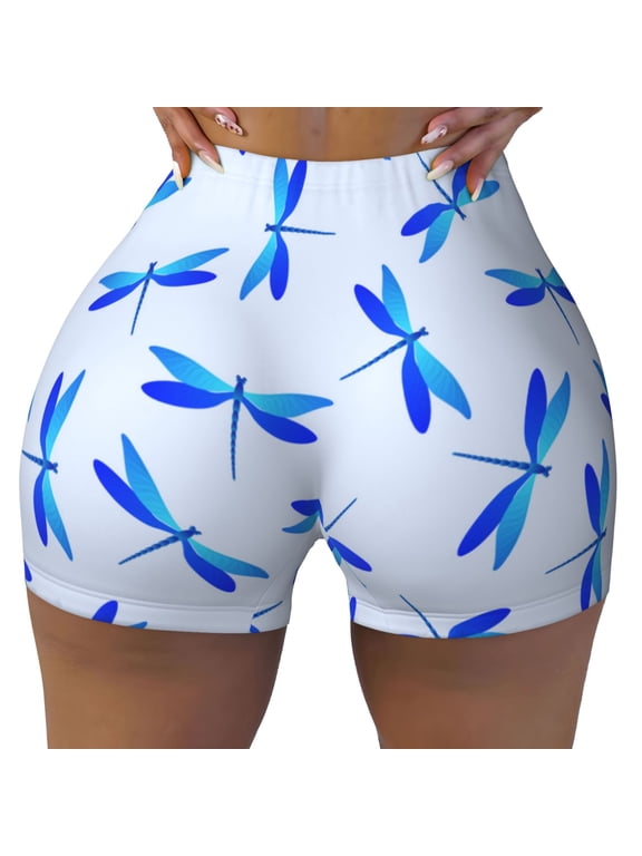 Seamless Workout Shorts Women - Dragonfly Print Blue Biker Gym Running Yoga Spandex Shorts for Women