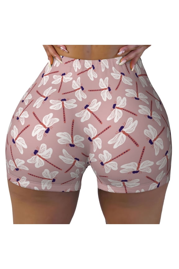 Seamless Workout Shorts Women - Dragonfly Print No.9095 Biker Gym Running Yoga Spandex Shorts for Women