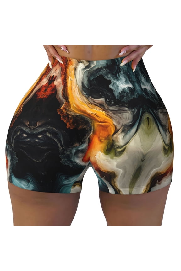 Seamless Workout Shorts Women - Fiery Marble Flow Biker Gym Running Yoga Spandex Shorts for Women
