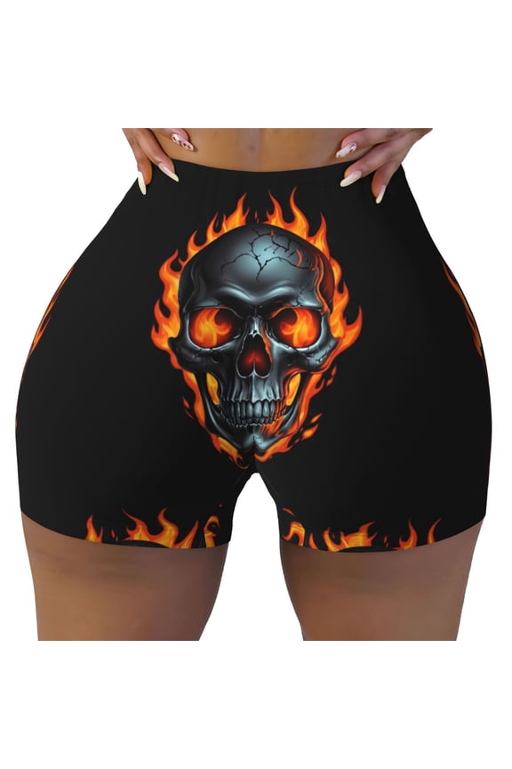 Seamless Workout Shorts Women - Flame Metal Skull Biker Gym Running Yoga Spandex Shorts for Women