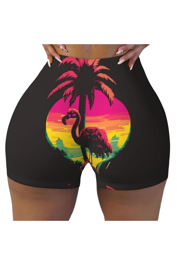 Seamless Workout Shorts Women - Flamingo And Palm Trees At Sunset Biker Gym Running Yoga Spandex Shorts for Women