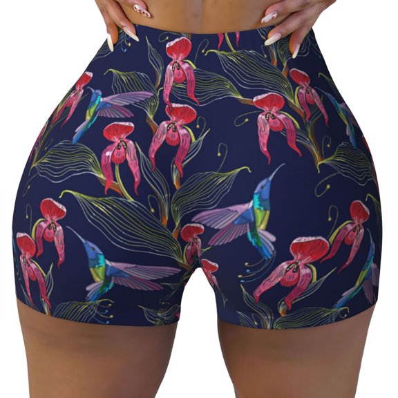 Seamless Workout Shorts Women - Flowers And Humming Bird Biker Gym Running Yoga Spandex Shorts for Women