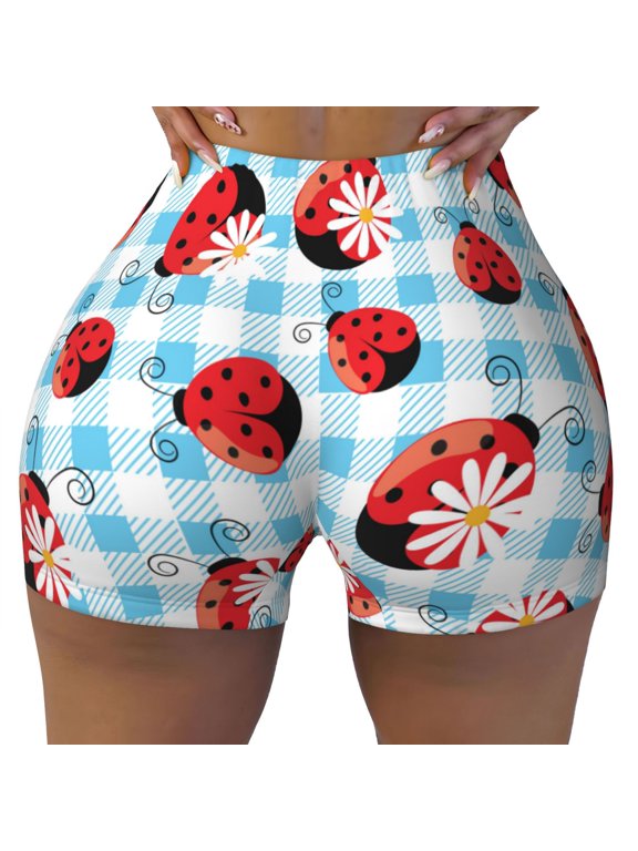 Seamless Workout Shorts Women - Flowers and Lady Bugs Biker Gym Running Yoga Spandex Shorts for Women