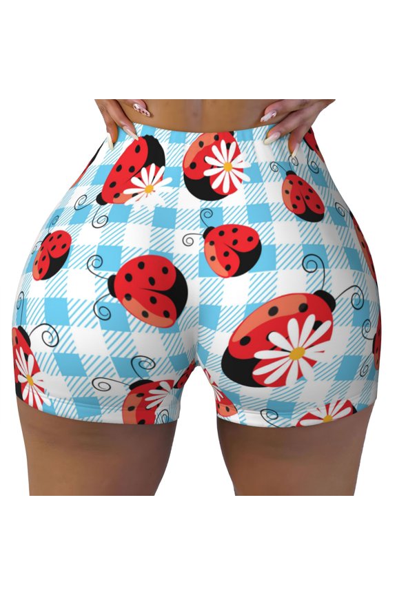 Seamless Workout Shorts Women - Flowers and Lady Bugs Biker Gym Running Yoga Spandex Shorts for Women