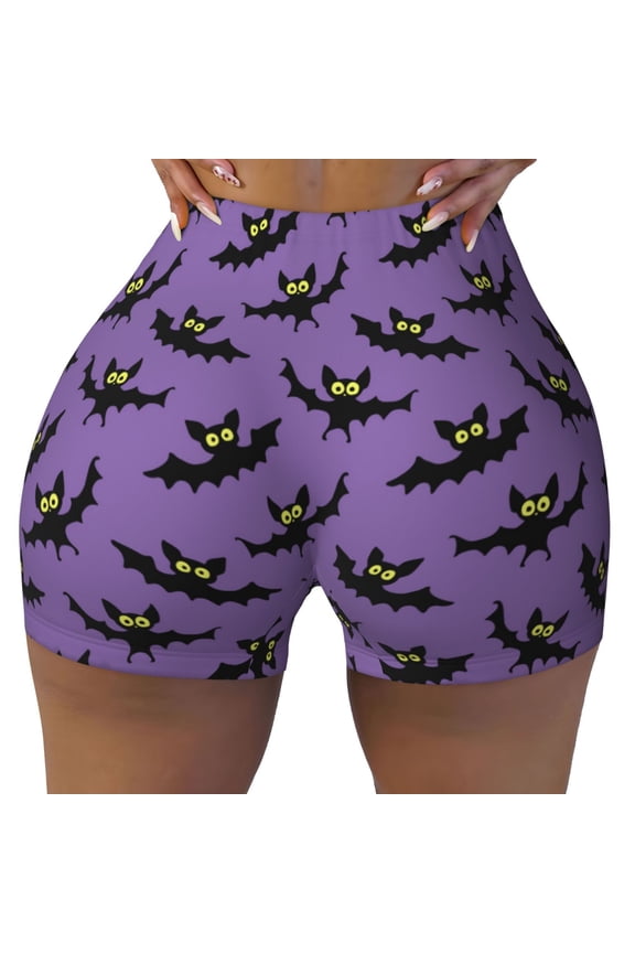 Seamless Workout Shorts Women - Flying bats gothic style purple Biker Gym Running Yoga Spandex Shorts for Women