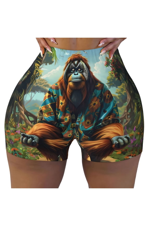 Seamless Workout Shorts Women - Forest Meditating Gorilla Biker Gym Running Yoga Spandex Shorts for Women