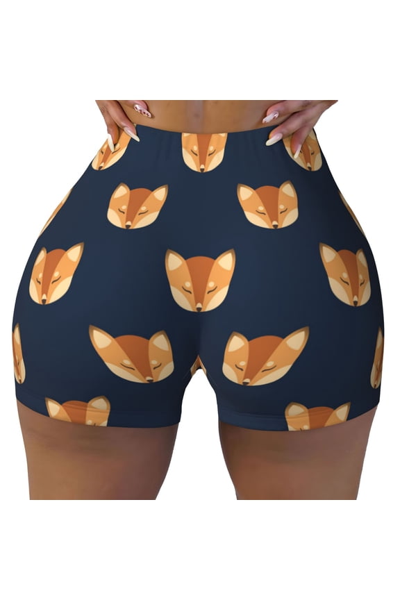 Seamless Workout Shorts Women - Fox Print Black Biker Gym Running Yoga Spandex Shorts for Women
