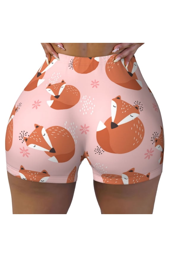 Seamless Workout Shorts Women - Fox Print Light Pink Biker Gym Running Yoga Spandex Shorts for Women