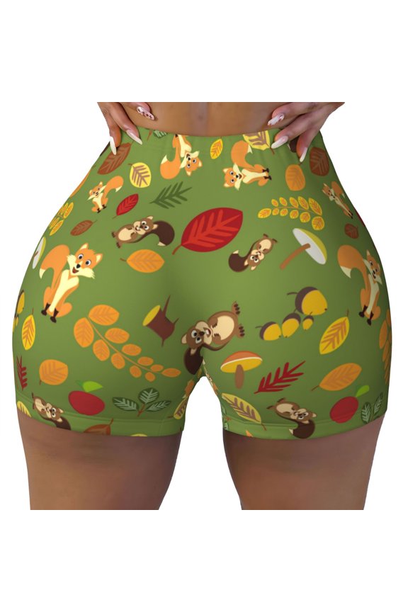 Seamless Workout Shorts Women - Funny Cute Squirrel Fox Green Biker Gym Running Yoga Spandex Shorts for Women