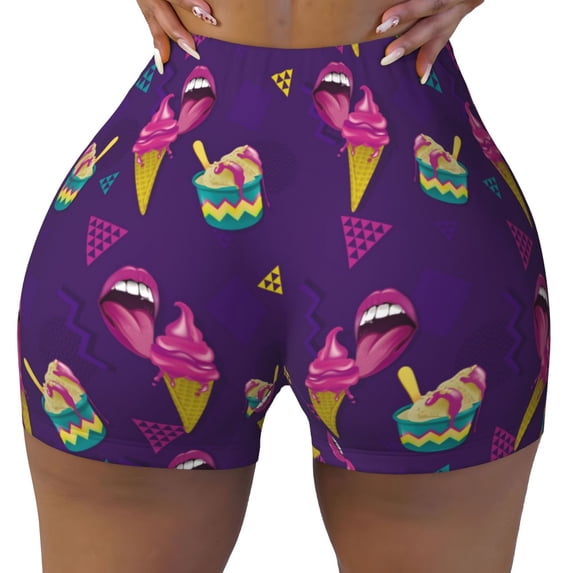 Seamless Workout Shorts Women - Funny Ice Cream Print Purple Biker Gym Running Yoga Spandex Shorts for Women