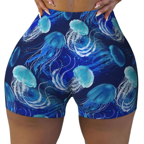 Seamless Workout Shorts Women - Glowing Jellyfish Pattern Biker Gym Running Yoga Spandex Shorts for Women