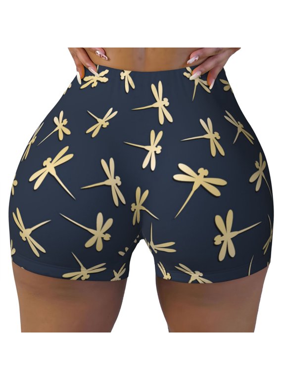 Seamless Workout Shorts Women - Gold Dragonfly Print Black Biker Gym Running Yoga Spandex Shorts for Women