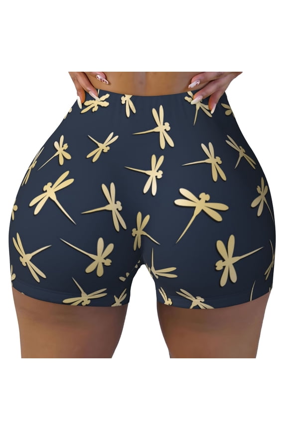 Seamless Workout Shorts Women - Gold Dragonfly Print Black Biker Gym Running Yoga Spandex Shorts for Women
