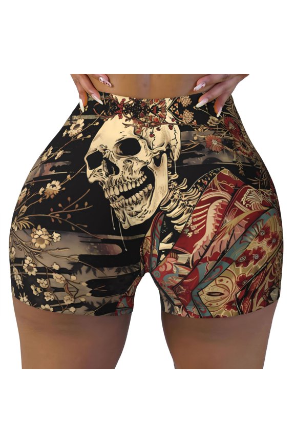 Seamless Workout Shorts Women - Gothic Eastern Floral Skull Biker Gym Running Yoga Spandex Shorts for Women