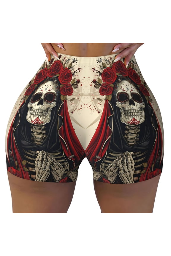 Seamless Workout Shorts Women - Gothic Skull With Roses Biker Gym Running Yoga Spandex Shorts for Women