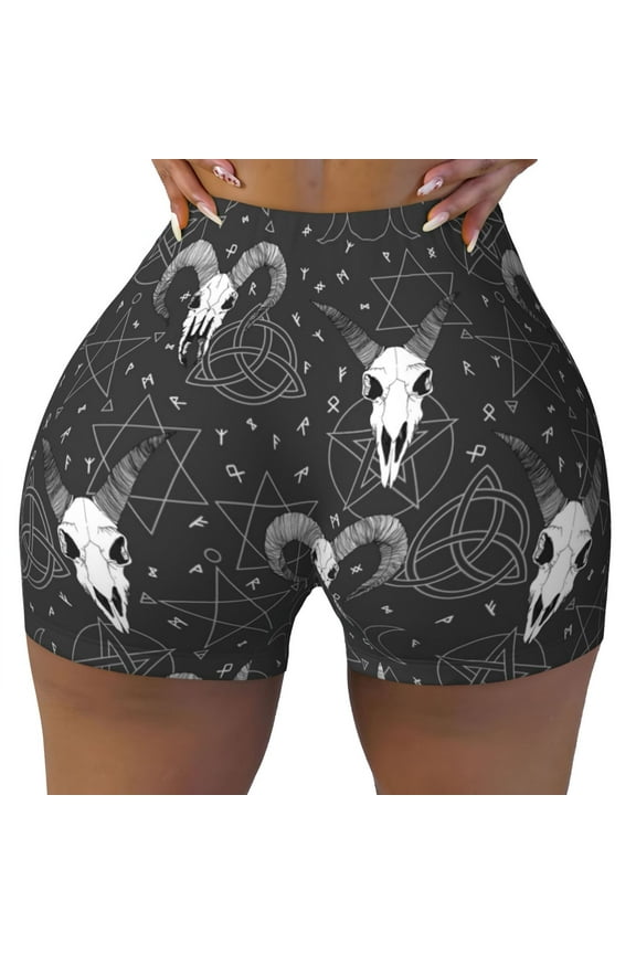 Seamless Workout Shorts Women - Gothic Style Cool Goat Skull_A Biker Gym Running Yoga Spandex Shorts for Women