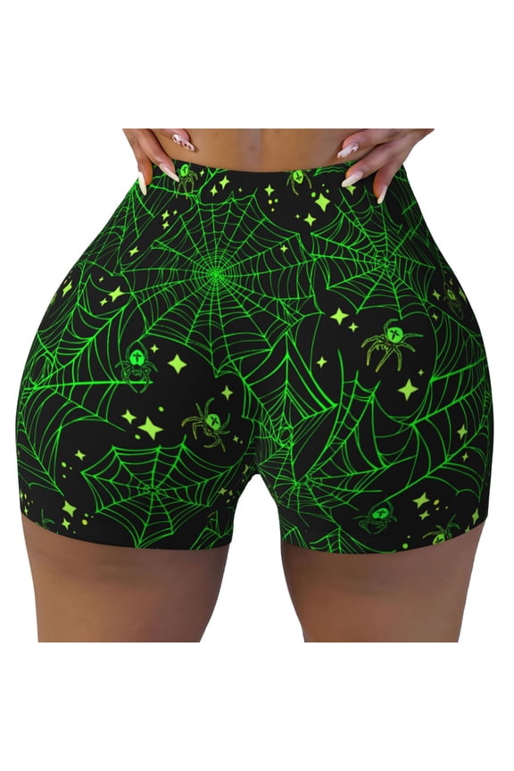 Seamless Workout Shorts Women - Green Bright Web with Spiders Biker Gym Running Yoga Spandex Shorts for Women