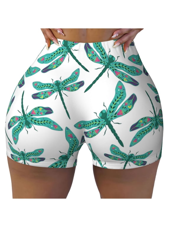Seamless Workout Shorts Women - Green White Dragonfly Biker Gym Running Yoga Spandex Shorts for Women
