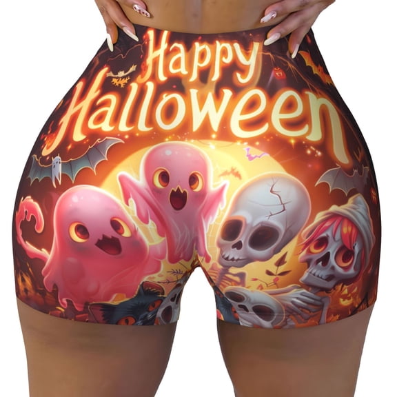 Seamless Workout Shorts Women - Halloween Cute Ghost Skull Biker Gym Running Yoga Spandex Shorts for Women