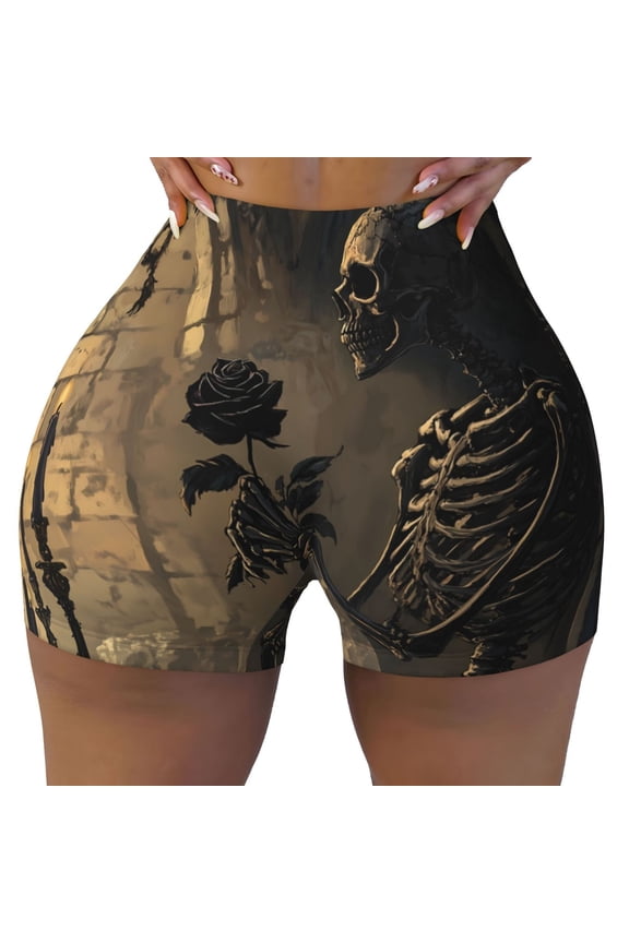 Seamless Workout Shorts Women - Halloween Gothic Skull Rose B Biker Gym Running Yoga Spandex Shorts for Women