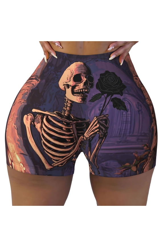 Seamless Workout Shorts Women - Halloween Gothic Skull Rose C Biker Gym Running Yoga Spandex Shorts for Women
